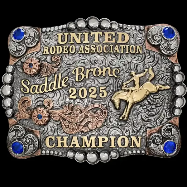 A custom square rodeo belt buckle trophy for USRA Saddle Bronc Champion featuring a bareback bronc rider figure 